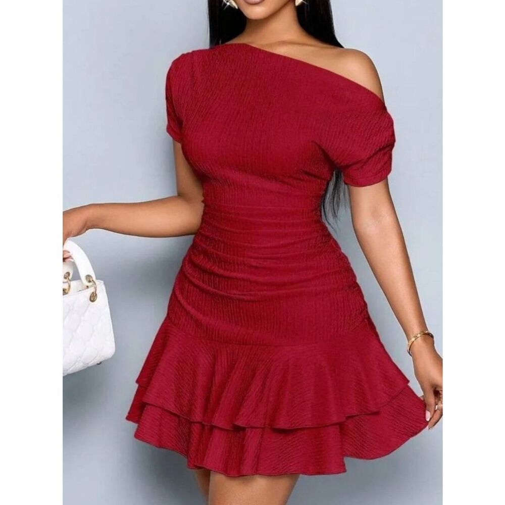 Off-Shoulder Textured Bodycon Ruched Ruffle Hem Dress in Deep Red - Picture 5 of 7